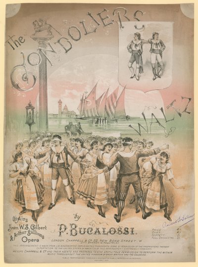 Affisch för The Gondoliers Waltz av P Bucalossi på sändning av W S Gilbert och Arthur Sullivans opera av English School