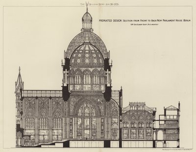 Förberedd design, sektion från framsidan till baksidan New Parliament House Berlin (gravyr) av English School