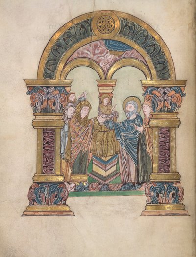 Presentation i templet, Add. 49598, f.34v, från Benedictional of St Aethelwold, 971-984 (vellum) av English School