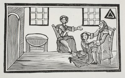 Pretty Bessie tar emot sin fars välsignelse när hon ska söka sitt eget försörjning, illustration från Chap-books of the Eighteenth Century av John Ashton, pub. 1882 av English School