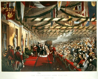 Prinsessan Alexandra av Danmark anlände till London den 7 mars 1863 till The Bricklayers Arms Station med sin blivande make, prinsen av Wales. 1863 (lito i färg) av English School