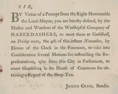 Tryckt brev från Joseph Crish, Beadle of Guildhall, London av English School