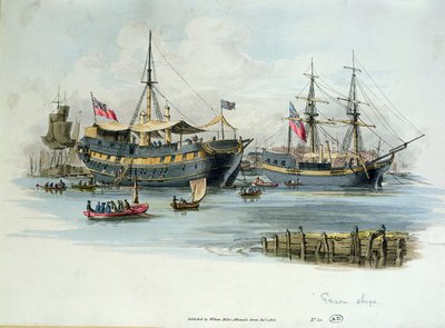 Fängelseskepp som användes av britterna under Napoleonkrigen för att hysa franska fångar, 1805 (färgstick) av English School