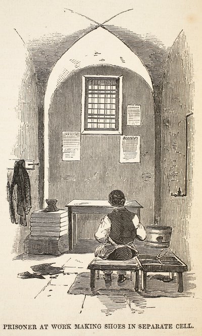 Fånge på jobbet gör skor i separat cell, illustration från The Criminal Prisons of London och Scenes from Prison Life av Henry Mayhew och John Binny, pub. 1862 av English School
