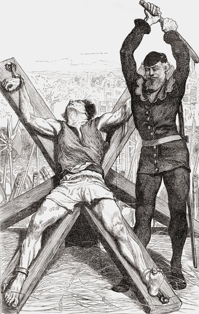 Fånge som torterades på St. Andrews Cross, ca 1865 (trägravyr) av English School