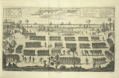 Procession till den store ormens tempel för att kröna kungen, illustration från "En ny allmän samling av resor och resor,...som förstår allt anmärkningsvärt i sitt slag, i Europa, Asien, Afrika och Amerika." av English School