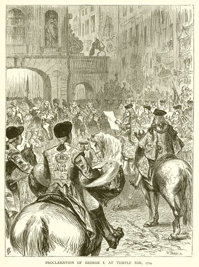 Proklamation av George I på Temple Bar, 1714 av English School