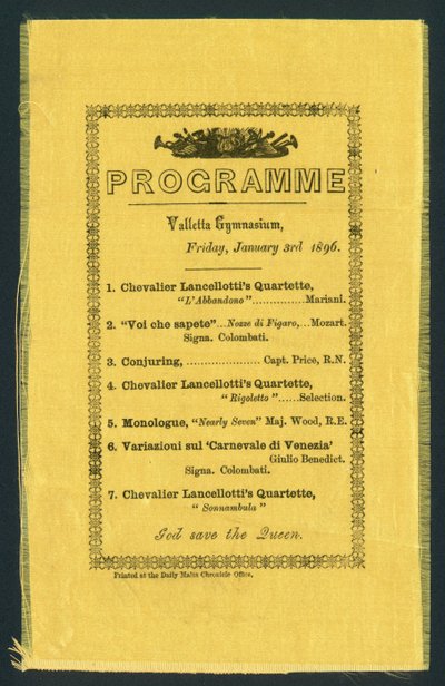 Program för Valletta Gymnasium, 3 januari 1896 (tryckt) av English School