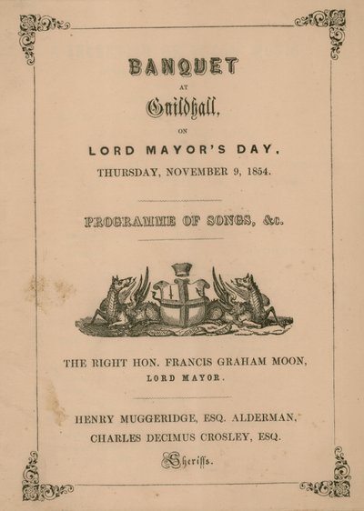 Program för banketten i Guildhall, London, den 9 november 1854 av English School
