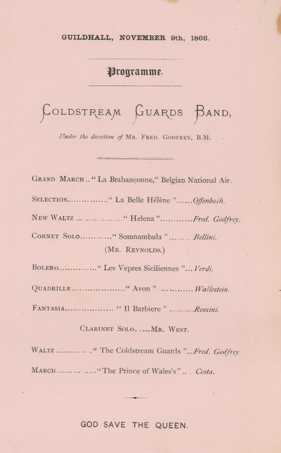 Program för banketten i Guildhall, London, den 9 november 1866 av English School