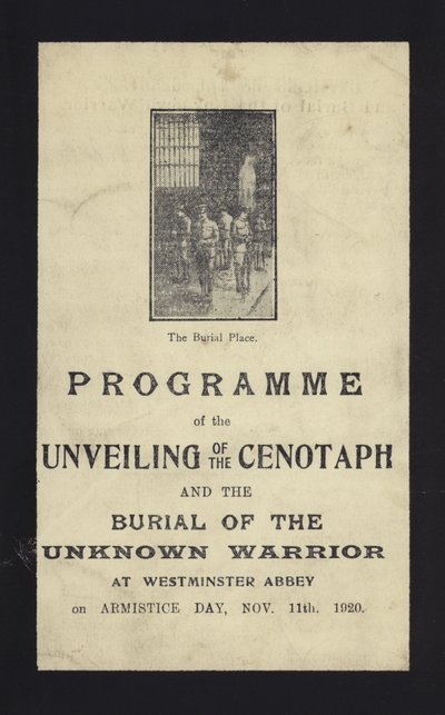 Program för avtäckningen av Cenotaph och begravningen av den okände krigaren, Westminster Abbey, London, 11 november 1920 av English School