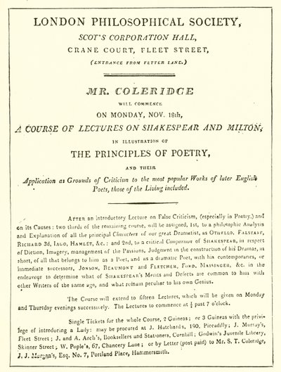 Program för Coleridges föreläsningar från 1808 av English School