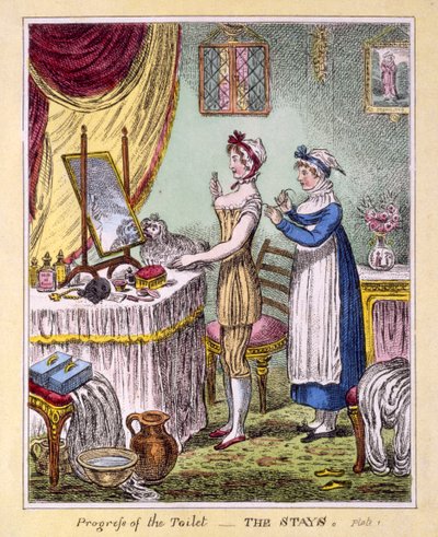 Progress of the Toilet - The Stays Plate 1, pub. av McCleary, London, 1810 (handfärgad gravyr) av English School