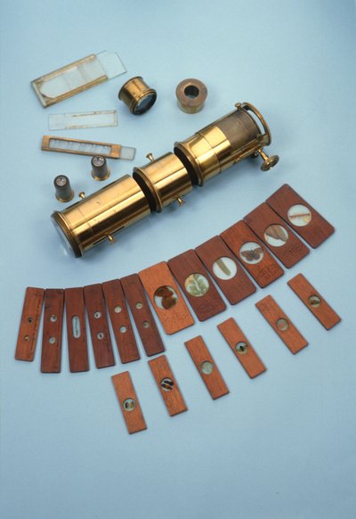 Projektionsmikroskop, säljs av Watkins & Hill, London, avsett för användning med en magisk lykta, tillsammans med 18 naturhistoriska diabilder, ca 1870 (mässing, glas och trä) av English School