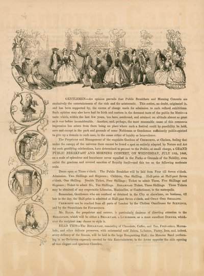 Reklambroschyr för en stor offentlig frukost och morgonkonsert den 15 juli 1846 av English School