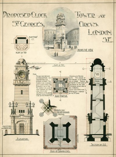 Föreslaget Clock Tower på St Georges Circus, London SE (bläck på papper) av English School