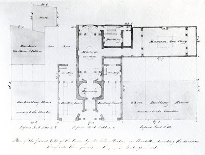 Föreslagen planlösning för den egyptiska hallen, Picadilly, 1810 (bläck på papper) av English School