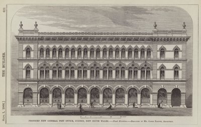 Föreslagna nya allmänna postkontor, Sydney, New South Wales, Flank Elevation, designad av Mr James Barnet, arkitekt (gravyr) av English School