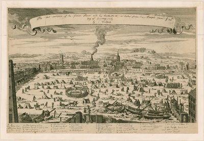 Prospekt av den frusna Themsen, taget från tempeltrappan den 20 januari 171516 av English School
