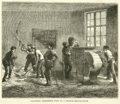 Preussare som tröskar majs i en fransk skolsal, september 1870 av English School