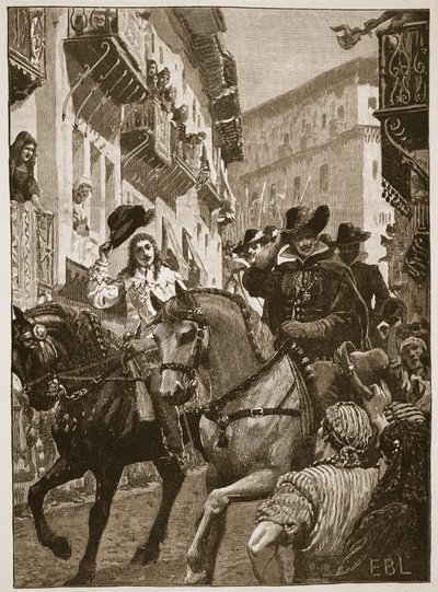 Offentlig mottagning av prins Charles i Madrid, illustration från Cassell Illustrated History of England (sepiafoto) av English School