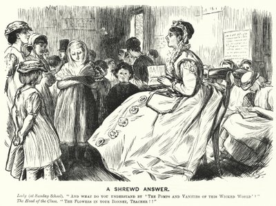 Punch cartoon: A Shrewd Asnwer - viktoriansk söndagsskolascen (gravyr) av English School