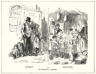 Punch cartoon: Here and There, or, Emigration a Remedy (gravyr) av English School