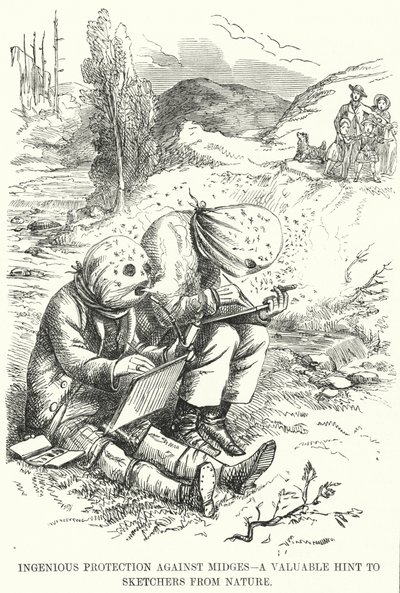 Punch-tecknad serie: Genialt skydd mot midges - ett värdefullt tips till Sketchers from Nature (gravyr) av English School