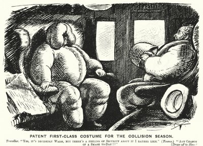 Punch tecknad: Patent First Class Costume för kollisionssäsongen - säkerhet på järnvägarna (gravyr) av English School