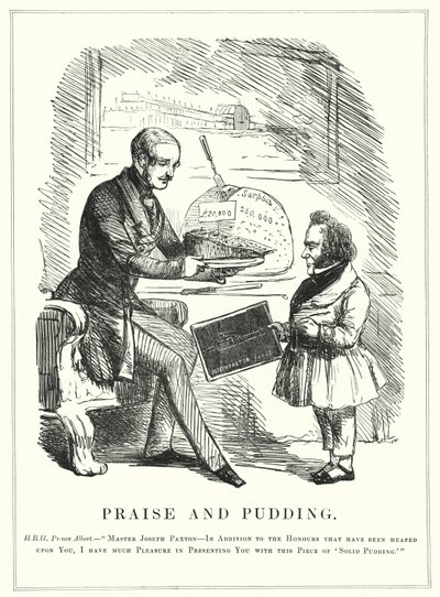 Punch-tecknad serie: Praise and Pudding: Prins Albert belönar Joseph Paxton för att ha designat Crystal Palace för att hysa den framgångsrika stora utställningen 1851 i Hyde Park, London (gravyr) av English School