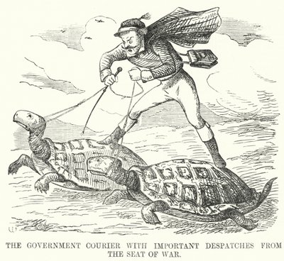 Punch tecknad: The Government Courier med viktiga försändelser från krigets säte (gravyr) av English School
