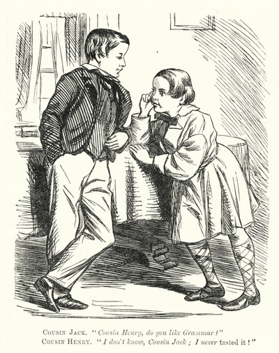 Punch cartoon: ett missförstånd om grammatik (gravyr) av English School