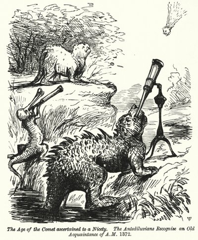 Punch tecknad: dinosaurier tittar på en komet (gravyr) av English School