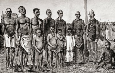 Pygméinfödda jämfört med engelska officerare, sudaneser och zanzibaris, 1890 (trästick) av English School