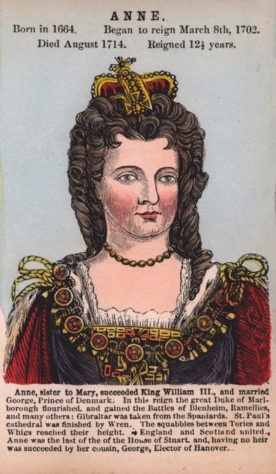Queen Anne (färgad gravyr) av English School