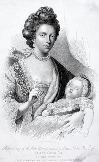 Drottning Charlotte, gemål till kung George III, med deras lilla son, den blivande prinsregenten och kung George IV av English School