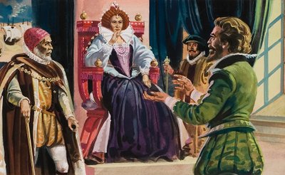 Drottning Elizabeth I (1533-1603) och Sir Francis Drake (1540-96) (gouache på papper) av English School