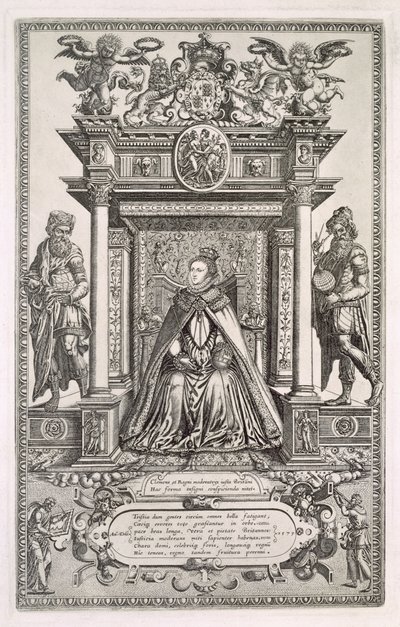 Drottning Elizabeth I (1533-1603) som beskyddare av geografi och astronomi, frontispice till en bok med Saxon Maps of England, 1579 av English School