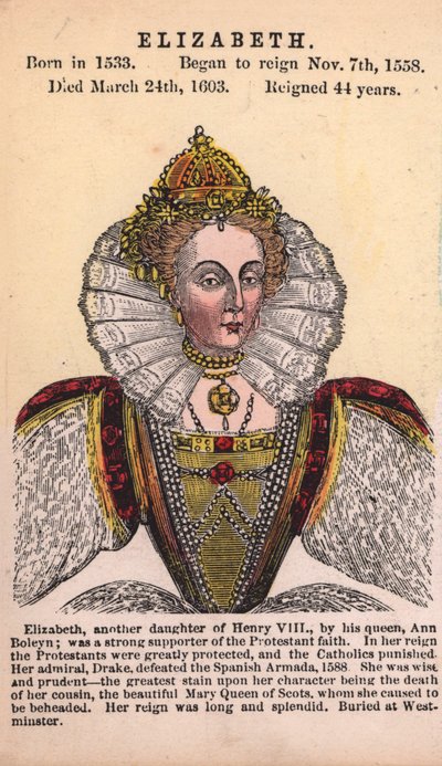 Drottning Elizabeth I (färgad gravyr) av English School