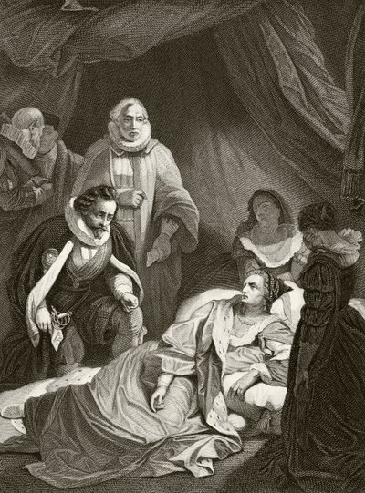 Drottning Elizabeth I på sin dödsbädd, från "The National and Domestic History of England" av William Hickman Smith Aubrey (1858-1916) publicerad i London, ca 1890 av English School