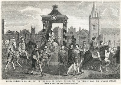 Drottning Elizabeth I på väg till staden för att återvända tack för segern över den spanska armadan av English School