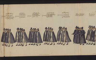 Drottning Elizabeth I:s begravningsprocession (färgad gravyr) av English School