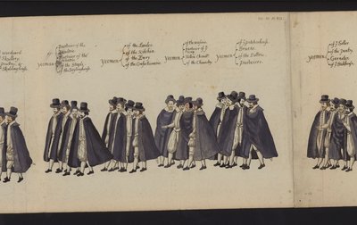 Drottning Elizabeth I:s begravningsprocession (färgad gravyr) av English School