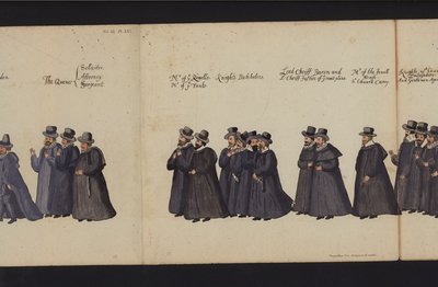 Drottning Elizabeth I:s begravningsprocession (färgad gravyr) av English School