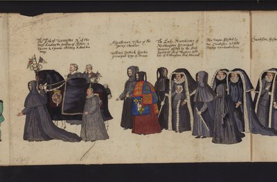 Drottning Elizabeth I:s begravningsprocession (färgad gravyr) av English School