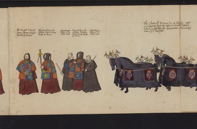 Drottning Elizabeth I:s begravningsprocession (färgad gravyr) av English School