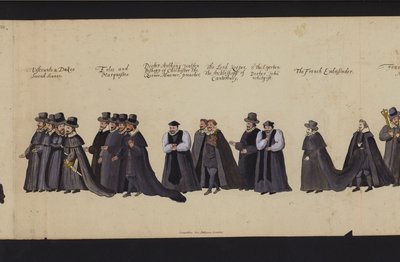Drottning Elizabeth I:s begravningståg (färgad gravyr) av English School