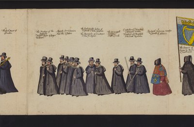 Drottning Elizabeth I:s begravningsprocession (färgad gravyr) av English School