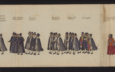 Drottning Elizabeth I:s begravningsprocession (färgad gravyr) av English School