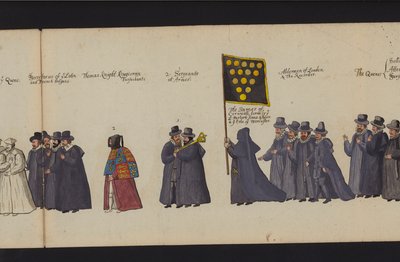 Drottning Elizabeth I:s begravningsprocession (färgad gravyr) av English School